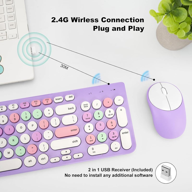 GUKJOB Wireless Keyboard and Mouse Combo, Retro Typewriter Keyboard with Round Keycaps, 2.4GHz USB Cute Wireless Keyboard Mouse for Computer, Desktop, Laptop (Purple Colorful) - Image 2